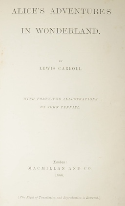 [Dodgson, Rev. Charles Lutwidge] Alice's Adventures in Wonderland. By Lewis Carroll. With forty-two illustrations by John Tenniel. First Published Edition. engraved frontis., half title; 20th cent. gilt ruled and pictori